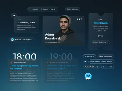 Flutter Meetup | Landing page for an event ai dark effect event glass glassmorphism landing mode page speakers timeline workshops
