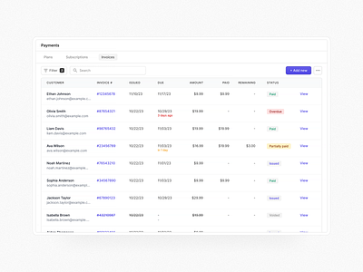 Payments ➡️ invoices table analytics clean dashboard design enterprise interface minimal modern payment product saas software table