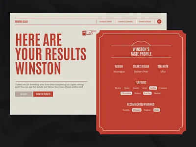 Taste Profile Card | Fumers Club art deco ui card ui cigars taste profile fumers club liquor pairings results ui retro ui sophisticated ui taste profile taste recommendations ui design vintage ui web design