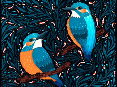 Kingfishers by a Pond adobe fresco animal art bird art illustration kingfishers nature art vector art