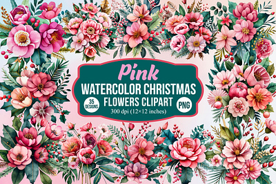 Watercolor Pink Christmas Flower Clipart 3d animation app branding design graphic design illustration logo ui vector