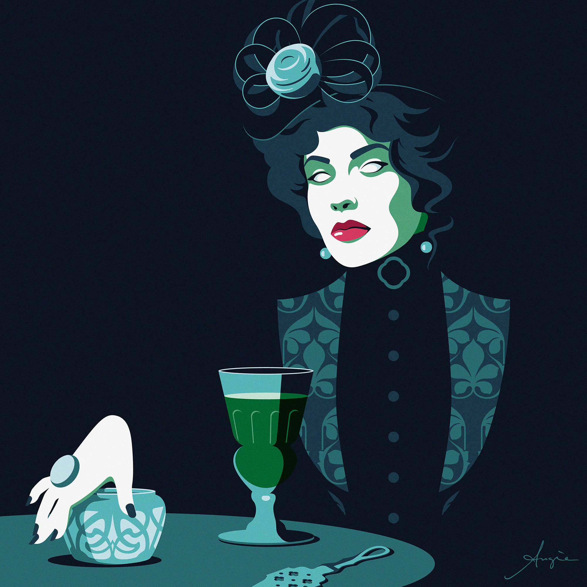"Absent(h)e" - Daily vector art absente absinthe adobe illustrator art nouveau blue contrast daily art flat design green green fairy illustration minimalism pattern portrait red vector vector illustration woman