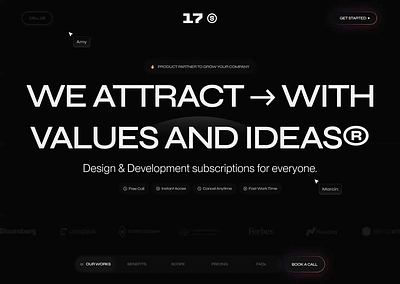 Hero Agency Animations ✨ agency animation app arrow black branding buttons components design hero inspiration logo minimalistic motion motion graphics responsive smooth subscription ui ux