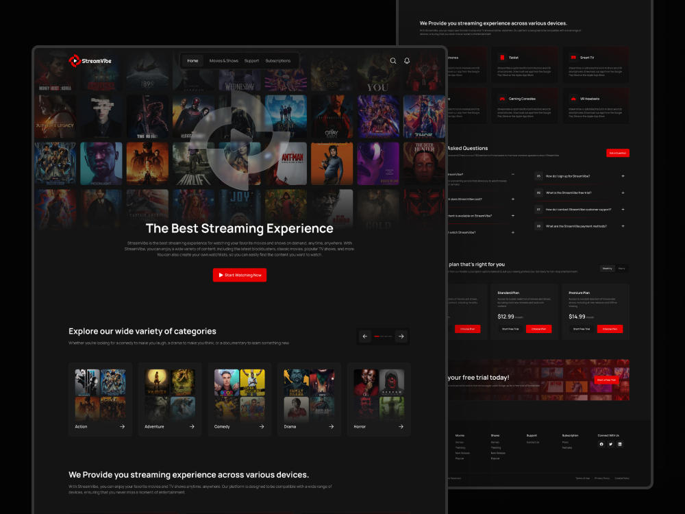 Home Page Design of Video Streaming Website black dark design home home page image landing page main page movies ott red shows streaming ui ui design video web web design website website design