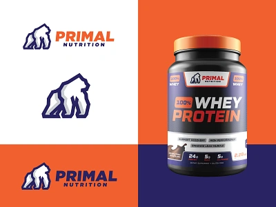 Primal Nutrition animal ape custom logo design fitness gorilla logo gym logo logo design logo designer minimal minimalist monkey muscular package package design powerful primal strength strong supplement package