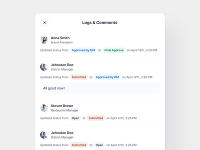 Logs & Comments - Restaurant Management System app avatar chips clean comment dashboard dekstop interaction light logs material minimalist status tags ui user experience user interface ux web