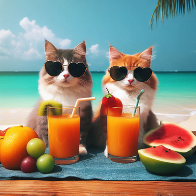 Two cats sitting next to a plate of fruit adorable