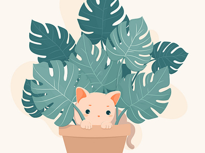 A rascal in a monstera plant! animal illustration cat cat art cute cat design flowerpot graphic design houseplant illustration kawaii kitty kitty love monstera monstera leaves rascal vector vector illustration