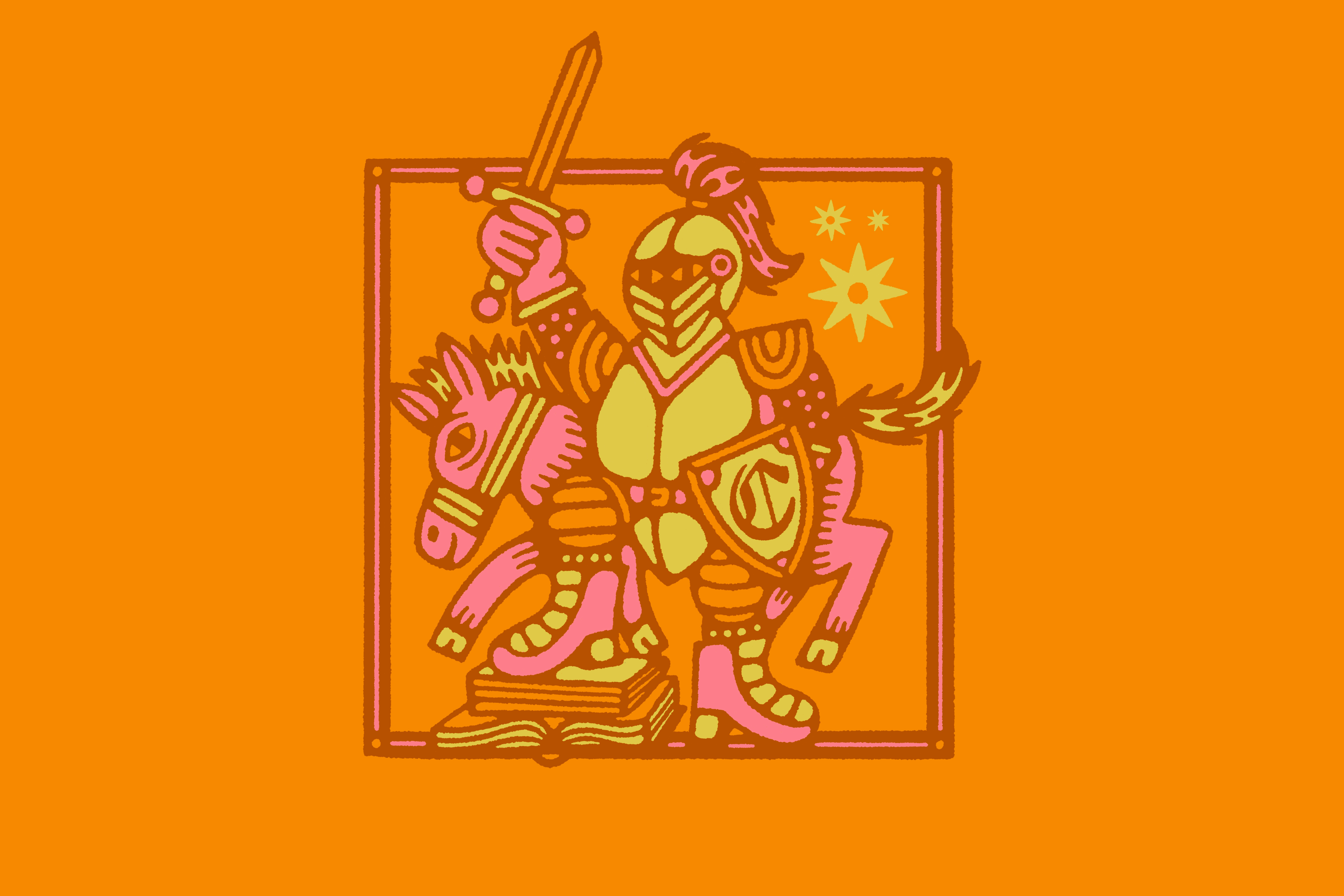 Knight books calvin college doodle fun horse knight orange print screen sheild sword university