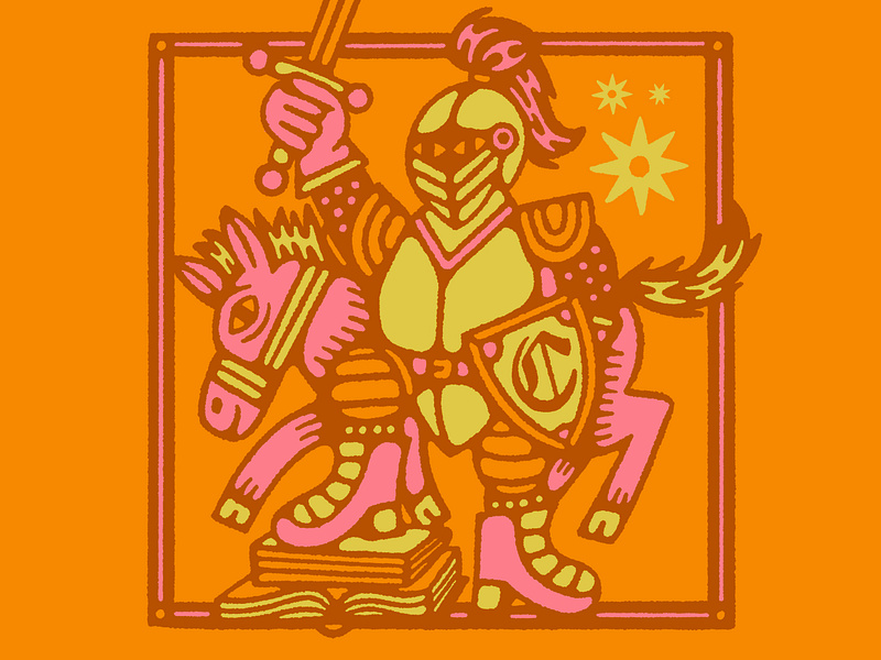 Knight books calvin college doodle fun horse knight orange print screen sheild sword university