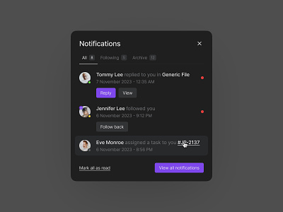 Notifications button cell clean comment components dark dialog filters hover link list modal modern notifications product design status tabs ui ux