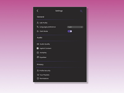 #DailyUi Day 07 A settings page for a music app android app dailyui dark mode day7 design interface mobile music page purple settings ui ux