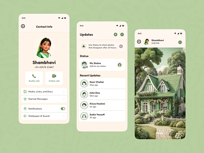 Messaging App Profile and Status Screens (Kawaii) cute ui green kawaii design list monochrome profile salmanwap settings status users whatsapp