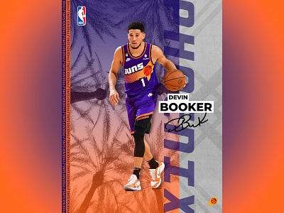 Devin Booker - NBA Poster basketball design devin booker downloadable graphic design illustration nba nba poster orange phoenix phoenix suns purple sports design wall art