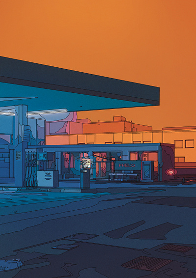 Gas station architecture art digital illustration painting
