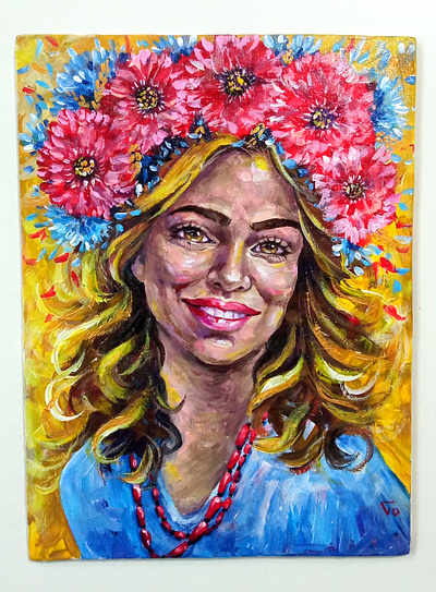 Original acrylic painting, Ukrainian girl in a traditional wreat art girl hand painted paint painting portrait of a woman traditional ukraine