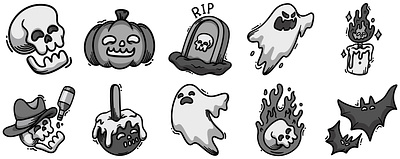 Halloween Stickers (B&W) art autumn black and white character cute design draw ghost graphic gravestone halloween illustration monochrome pumpkin skull spooky toffee apple