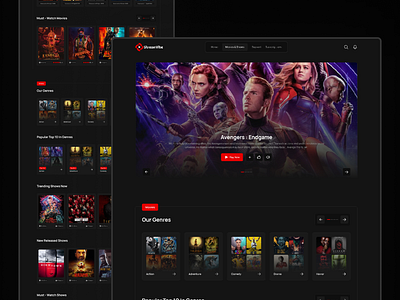 Movies and Shows Page Design of Video Streaming Website black card clean dark design digital modern movies movies listing ott page red showcase shows streaming tv ui video web website