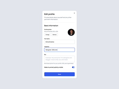 Edit profile modal 123done clean design system edit figma form interface minimalism profile ui ui kit