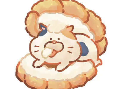 Mochitamasan in French cruller adrable animal art cat character cute cute art cute illustration design donut food illustration kawaii original character watercolor