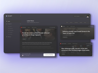 News UI Dashboard Design call to action curated design darkmode dashboard design design portfolio digital branding illustration landing page modern web newsapp page design ui uidesign userexperience ux