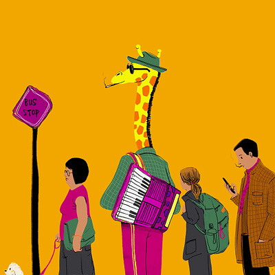Bus stop, bus go accordion animal bus giraffe illustration jazz life music musician paris people purple relax smoking waiting
