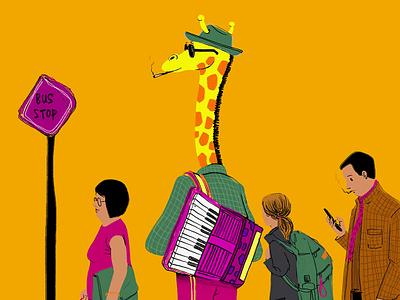 Bus stop, bus go accordion animal bus giraffe illustration jazz life music musician paris people purple relax smoking waiting