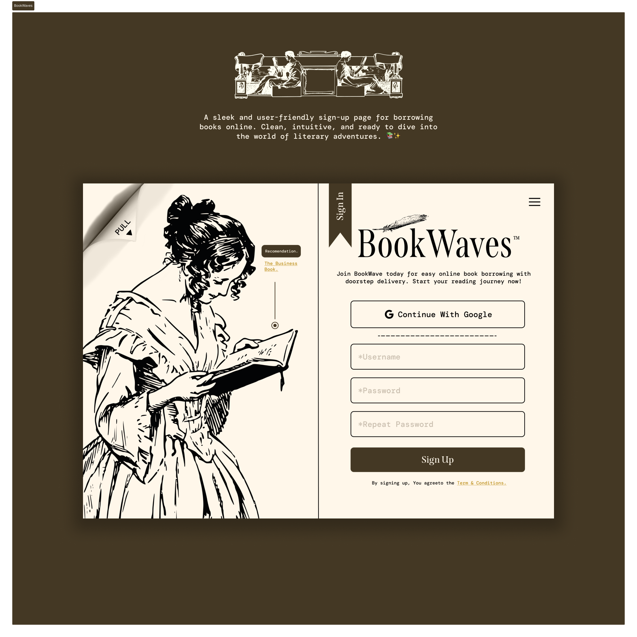 BookWaves - Sign Up | Daily UI Challenge #01 dailyui dekstop graphic design minimalist design modern vintage sign up sign up page typography ui ui design vintage