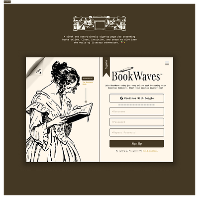 BookWaves - Sign Up | Daily UI Challenge #01 dailyui dekstop graphic design minimalist design modern vintage sign up sign up page typography ui ui design vintage