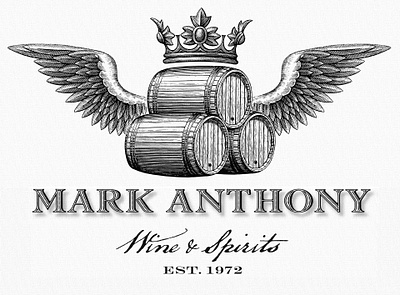 Mark Anthony Wine & Spirits Illustrated by Steven Noble artwork branding design engraving etching illustration line art logo logomark scratchboard steven noble woodcut