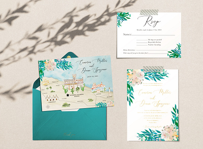 Wedding Invitation Set Design botanical botanical illustration botanical painting hand painted map illustration map of puglia rsvp card save the date stationery thank you card wedding design wedding invitation wedding invitation watercolor wedding save the date wedding stationery wedding venue