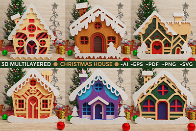 Cute Christmas House 3D SVG || BUNDLE || 3d 3d cut file 3d paper cut christmas christmas decoration cutting file design graphic design illustration laser cut papercut svg fille