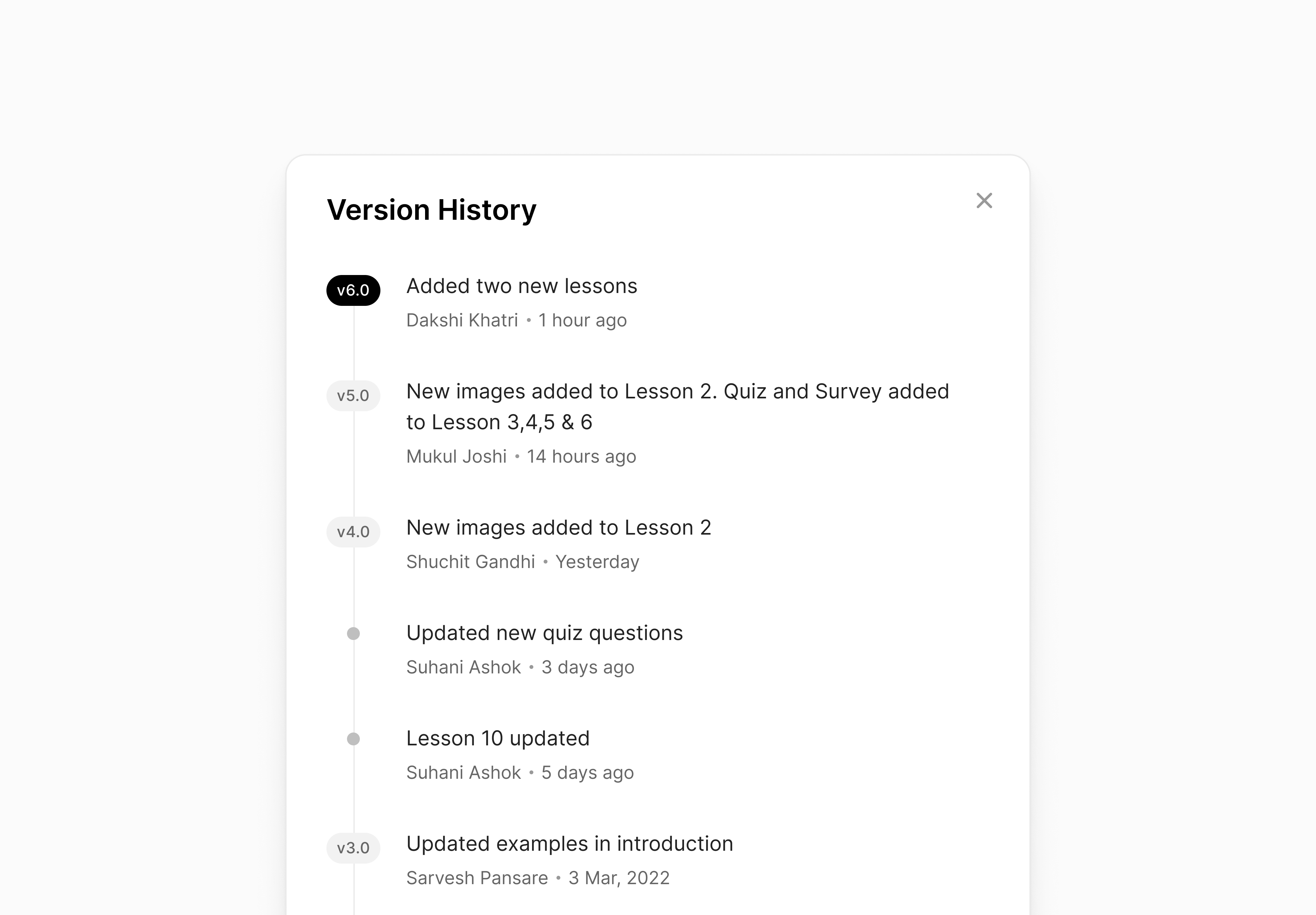 Version History – Audit Log audit auditlog clean component design designsystem dialog interface lyearn minimalist modal saas simple ui version history