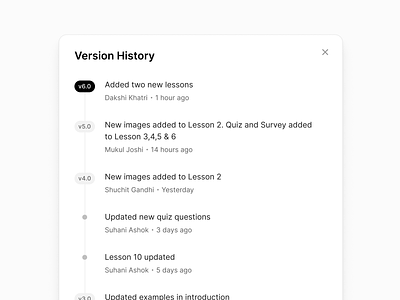 Version History – Audit Log audit auditlog clean component design designsystem dialog interface lyearn minimalist modal saas simple ui version history