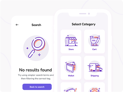Shoply - Empty Search & Select Category E-Commerce Illustration 2d app business cart e commerce empty search flat hand drawn icon illustration line marketing mobile onboarding retail search shopping store ui wallet