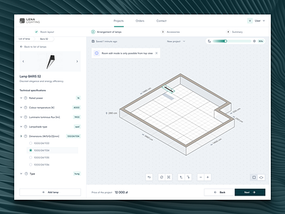 Lena Lighting create creator design details dimension isometric lamp planner process sidebar stages step ui user interface ux