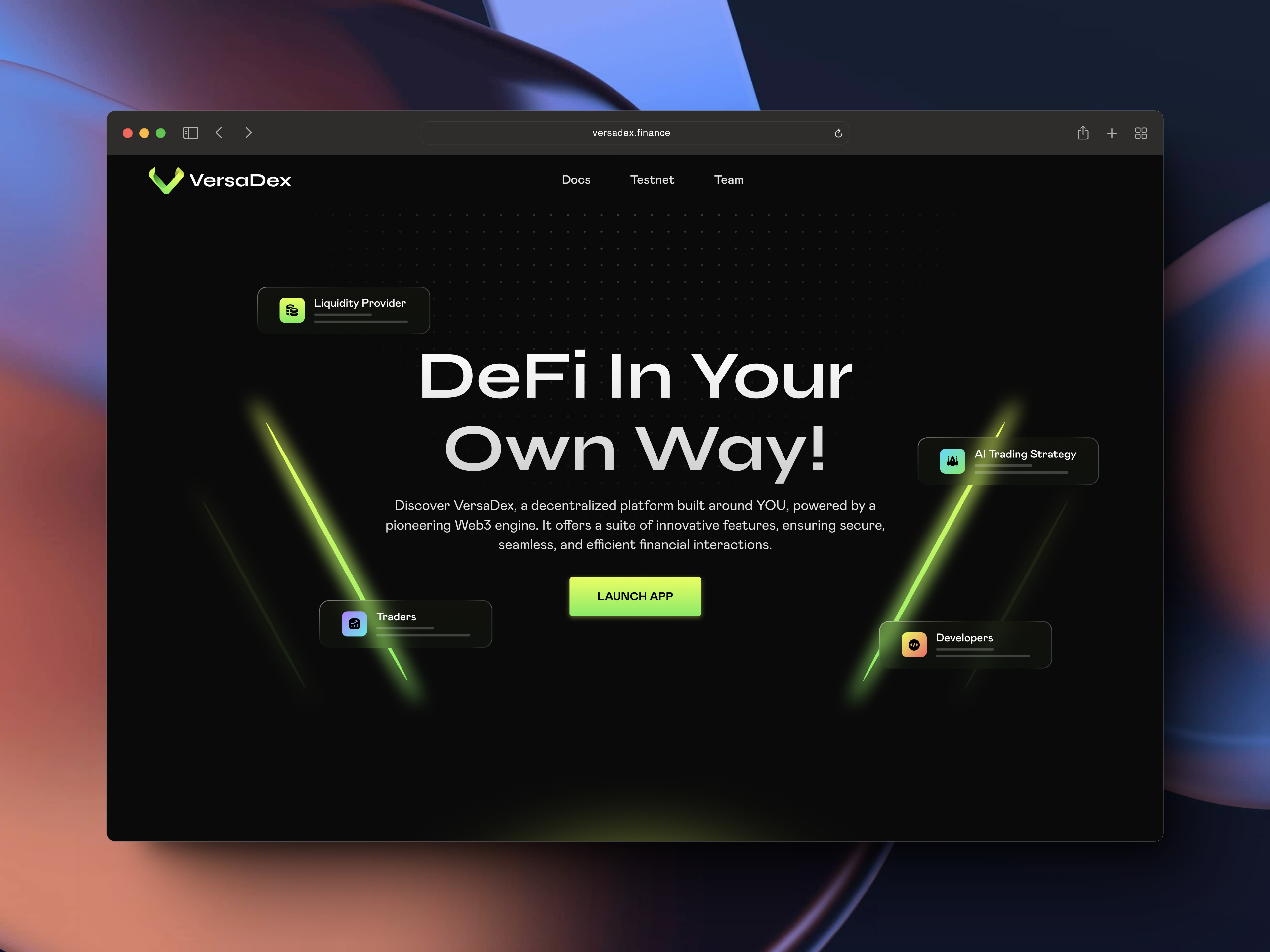 VersaDex - Landing Page Design branding crypto dapp defi figma framer frontend illustration landing page liquidity pools logo one pager product design swap ui uiux ux web3 website website design