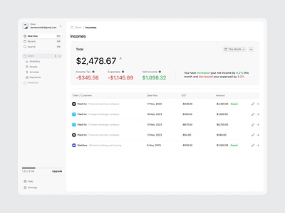 Productivity Tool pt.2 clean design finance interface manage menu minimal navigation product row settings sheet table tool ui ui design upgrade ux ux design web