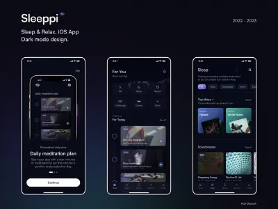 Meditation Dark Mode App clean dark mode dark mode ui dark theme dark theme ui home ios app meditation app meditation ui minimalist mobile app mobile design mobile ui modern music app onboarding relaxation ui ui design ux ui
