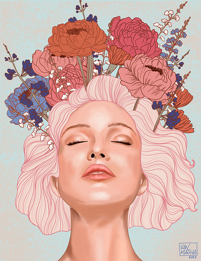 Live in Positivity art design digital art digital illustration drawing flowers idea illustration portrait young woman