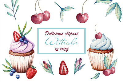 Watercolor clipart dessert cupcake bakery berries branding cafe collection color cream cupcake delicious design desserts drawing food graphic design motion graphics muffin snack strawberry sweet watercolor