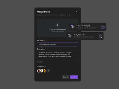 Upload files - Modal avatars button component dark drag drop figma file icon input interaction modal pop up product design progress simple ui upload user interface ux