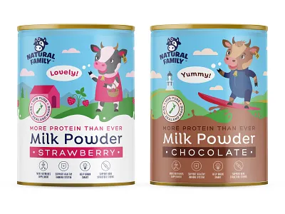 Illustrative labels for milk powder - kid's flavors chocolate cow drawing family flat art graphic design illustration label landscape milk nature new zealand organic powder strawberry