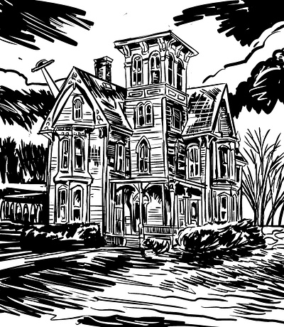 Unknown Mystery black and white brush digital ink haunted house mystery old house procreate sketch ufo victorian