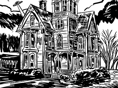 Unknown Mystery black and white brush digital ink haunted house mystery old house procreate sketch ufo victorian