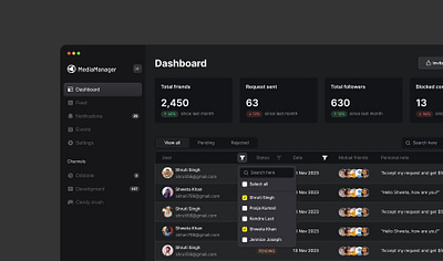 Social Media Dashboard - Column Filter dark theme dashboard design filter product design saas table typography ui ux