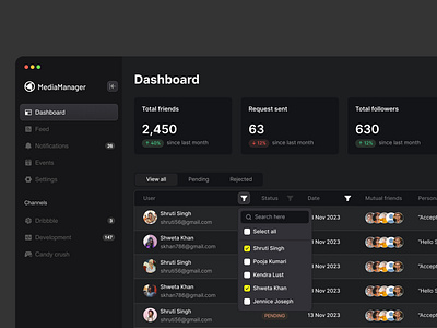 Social Media Dashboard - Column Filter dark theme dashboard design filter product design saas table typography ui ux