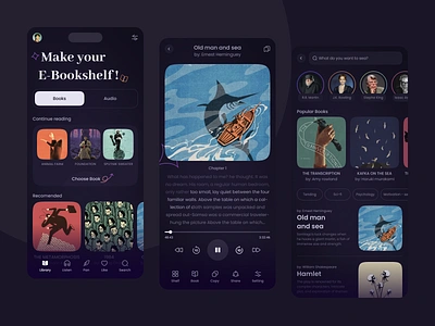 E-book App UI application article audio book book app branding design e book e library ios app novel online book reading reading app stories ui
