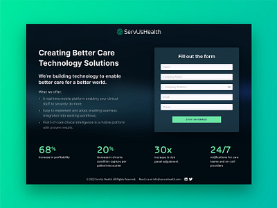 ServUs Landing page – Revised black design form graphic design green health interface landing landing page neon servus servus health stats ui ui ux uiux ux web web design