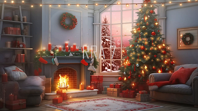 Christmas, Living room with Christmas and New Year decorated illustration tree video watercolor winter xmas